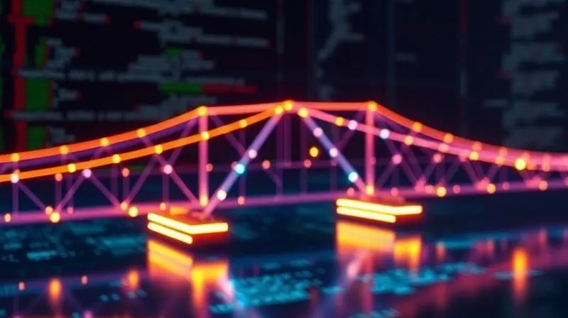 A photorealistic image of a digital bridge connecting two distinct blockchain networks, represented by different glowing color patterns. Data packets are flowing across the bridge, with complex smart contract code subtly visible in the background. Professional photography, 8K, cinematic lighting, sharp focus on the bridge, depth of field blurring the background, shot on a high-end DSLR, symbolizing complex cross-chain transactions.