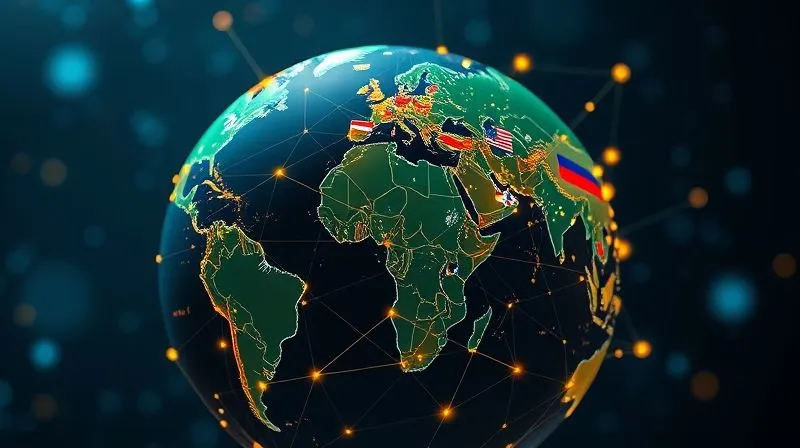 A photorealistic image of a globe overlaid with a blockchain network, with glowing lines connecting different national flags, representing global crypto tax jurisdictions, cinematic lighting, sharp focus, depth of field, 8K hyper-detailed.
