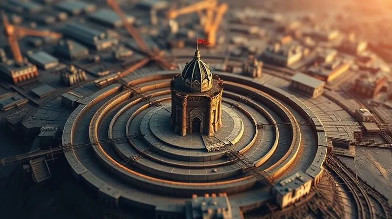 A photorealistic intricate diagram depicting a strong business moat, with a castle-like company fortress protected by concentric circles representing network effects, strong brand, patented technology, and high switching costs. Cinematic lighting, sharp focus on the central fortress, depth of field blurring the distant competitive landscape. Professional photography, 8K hyper-detailed, shot on a high-end DSLR.