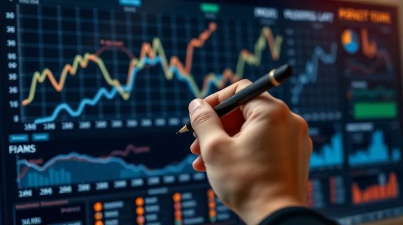 A photorealistic complex financial dashboard displaying multiple dynamic line graphs showing revenue growth, profit margin expansion, and free cash flow projections over a 10-year horizon. The graphs are clear and color-coded, with a subtle upward trend. Cinematic lighting, sharp focus on the dashboard, depth of field blurring a hand holding a pen in the foreground. Professional photography, 8K hyper-detailed, shot on a high-end DSLR.