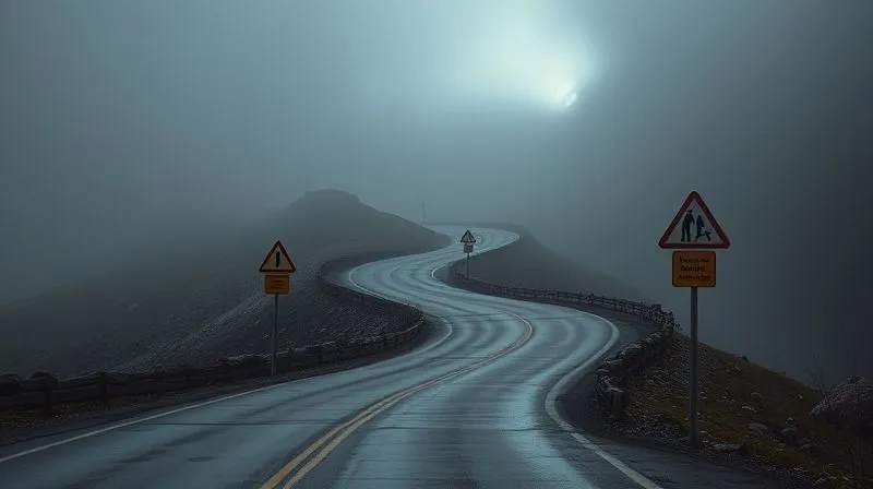 A photorealistic image of a winding, foggy mountain road with several warning signs (e.g., 'Sharp Curve Ahead', 'Slippery When Wet', 'Falling Rocks') leading towards a distant, bright, but obscured summit. Cinematic lighting, sharp focus on the immediate road and signs, depth of field blurring the summit. Professional photography, 8K hyper-detailed, shot on a high-end DSLR.