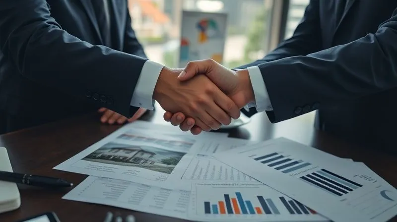A photorealistic, professional photography, 8K, cinematic lighting, sharp focus, depth of field, shot on a high-end DSLR of two business professionals shaking hands over a table with a complex, detailed financial spreadsheet and a distressed property image in the background, symbolizing a successful, calculated acquisition deal.