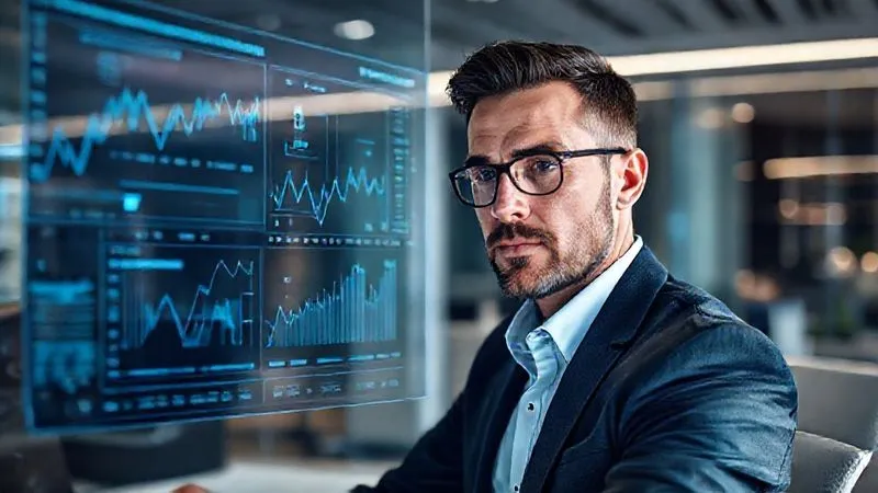 A photorealistic image of a financial analyst in a modern, sleek office, intensely focused on a transparent screen displaying holographic data visualizations of NFT market trends, blockchain transaction flows, and complex valuation models. Cinematic lighting, sharp focus on the analyst's face and the screen, depth of field blurring the futuristic office background, 8K hyper-detailed, shot on a high-end DSLR.