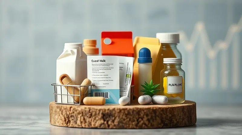 A photorealistic image of a diverse portfolio of essential goods and services, represented by neatly arranged miniature products like a milk carton, a utility bill, and a pill bottle, all sitting on a solid, stable foundation, with a faint background of a slowing economic chart, professional photography, 8K, cinematic lighting, sharp focus, depth of field, shot on a high-end DSLR.