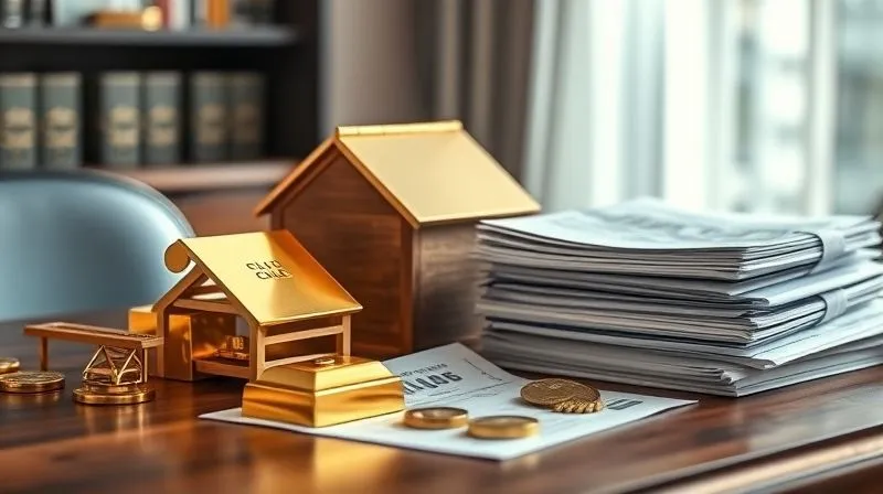 A photorealistic image of a diverse set of alternative investments, including a gleaming gold bar, a miniature warehouse, and a stack of financial documents, all carefully arranged on a bespoke wooden desk, symbolizing sophisticated diversification against market uncertainty, professional photography, 8K, cinematic lighting, sharp focus, depth of field, shot on a high-end DSLR.