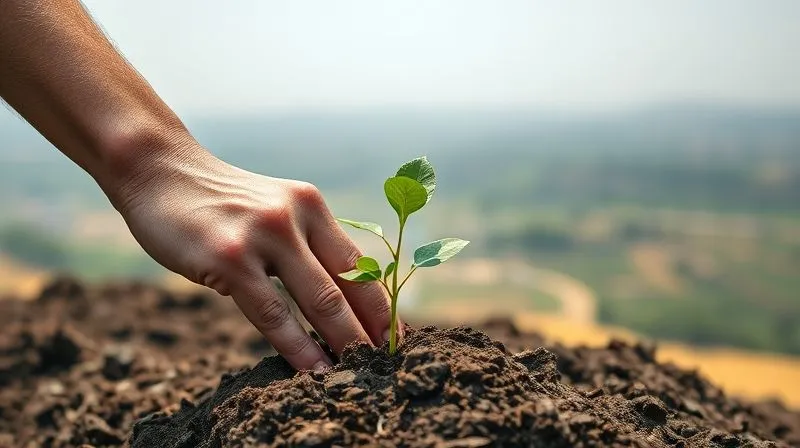 A photorealistic image of a weathered hand holding a small, vibrant green sapling, planting it firmly into rich soil, with a vast, slightly hazy economic landscape stretching into the distant horizon, symbolizing long-term investment and growth despite current conditions, professional photography, 8K, cinematic lighting, sharp focus, depth of field, shot on a high-end DSLR.
