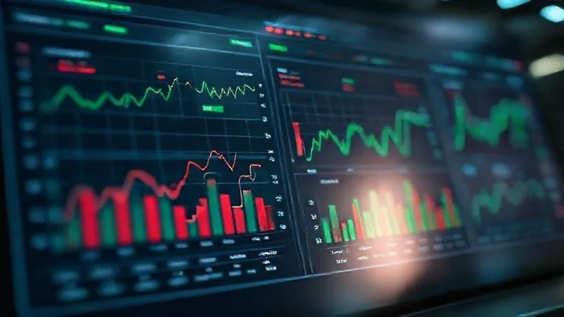 photorealistic, professional photography, 8K, cinematic lighting, sharp focus, depth of field, shot on a high-end DSLR. A complex financial dashboard displaying multiple market scenarios and their simulated impacts on a portfolio, with red and green bar charts showing potential losses and gains. The dashboard is sleek and futuristic, reflecting advanced analytical capabilities, with subtle glowing lines connecting different data points.