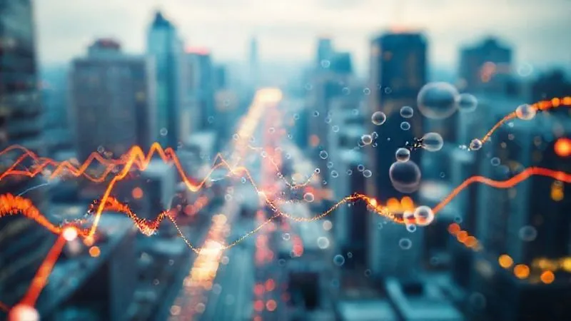 photorealistic, professional photography, 8K, cinematic lighting, sharp focus, depth of field, shot on a high-end DSLR. A dynamic data visualization of real-time market data streams, with glowing lines representing high-frequency trades and bubbles representing sentiment analysis from news feeds and social media. The background is a blurred cityscape, emphasizing the constant flow of information. The overall impression is one of overwhelming but organized data.