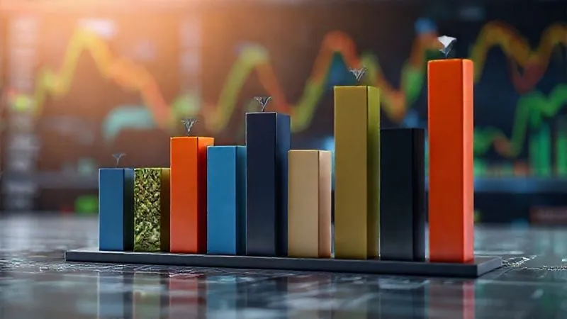 A photorealistic 3D bar chart showing a diversified investment portfolio across different asset classes like stocks, bonds, real estate, and alternative investments, with each bar representing a percentage of the total, cinematic lighting highlighting the varied heights, sharp focus on the chart, depth of field blurring a background of financial market activity, 8K hyper-detailed.