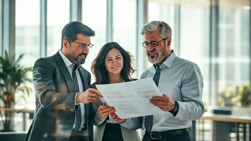 A photorealistic image of a diverse group of financial professionals (a financial advisor, a tax accountant, an estate lawyer) in a modern, sunlit office, collaboratively reviewing financial documents on a large digital screen, engaged in thoughtful discussion, symbolizing a well-rounded advisory team, cinematic lighting, sharp focus on the team, depth of field blurring the background, 8K hyper-detailed.