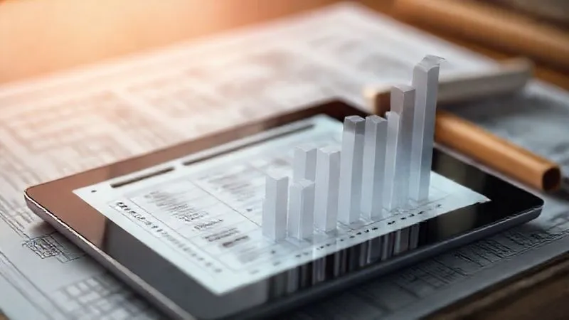 A photorealistic, professional photography image of a detailed risk matrix chart on a digital tablet, overlaid with a transparent 3D bar graph showing potential material cost increases. The background shows blurred construction blueprints, cinematic lighting, sharp focus on the tablet, depth of field, 8K hyper-detailed, conveying data-driven risk assessment.