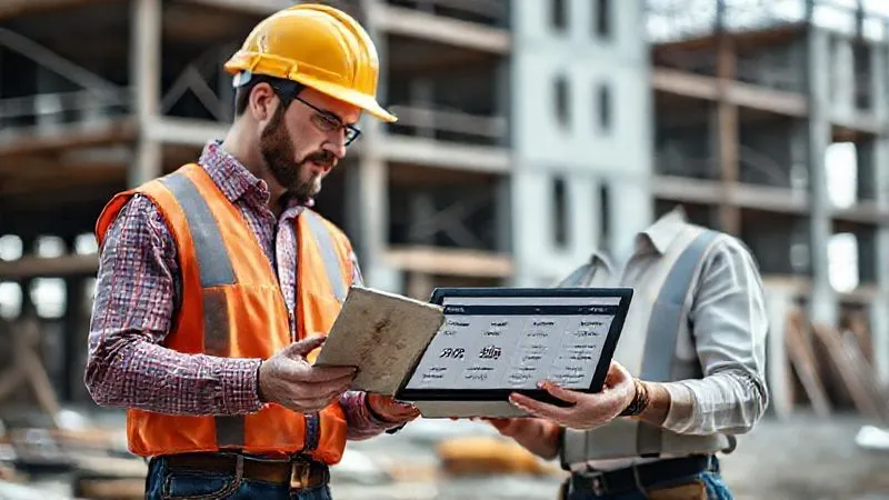 A photorealistic, professional photography image of an architect and a construction manager reviewing two different material samples (e.g., steel vs. composite beam) on a construction site, with a digital tablet displaying cost comparison data. Blurred background of a partially constructed building, cinematic lighting, sharp focus on the samples and tablet, depth of field, 8K hyper-detailed, conveying material substitution and value engineering.