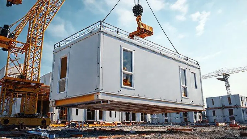 A photorealistic, professional photography image of a large, pre-fabricated modular building section being lifted into place by a crane on a construction site. The background shows other modular units awaiting assembly, cinematic lighting, sharp focus on the crane and module, depth of field, 8K hyper-detailed, conveying efficiency and modern construction methods.
