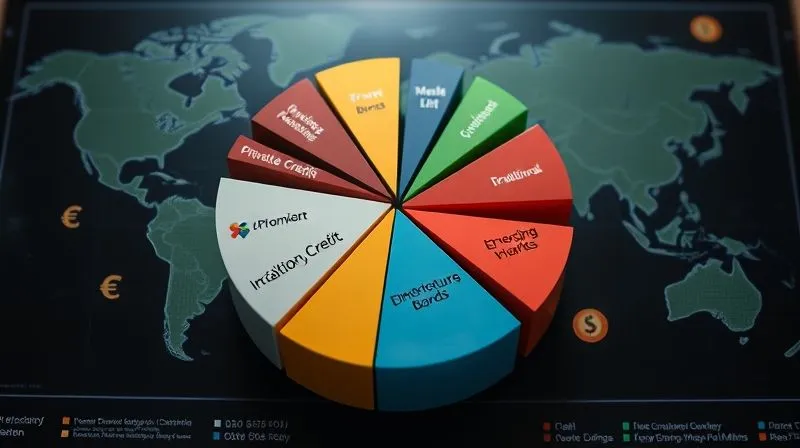 photorealistic, professional photography, 8K, cinematic lighting, sharp focus, depth of field, shot on a high-end DSLR, a vibrant, multi-layered pie chart representing a diversified investment portfolio, with distinct slices for traditional bonds, private credit, infrastructure debt, and emerging market bonds, set against a backdrop of global currency symbols, emphasizing strategic allocation and resilience.