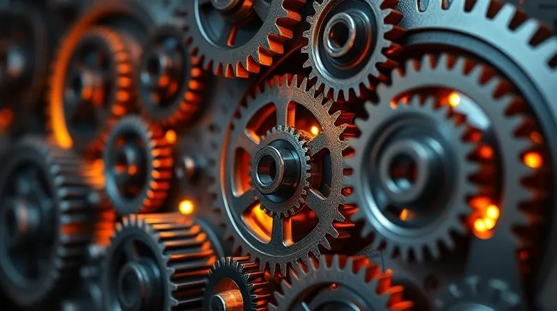 photorealistic, professional photography, 8K, cinematic lighting, sharp focus, depth of field, shot on a high-end DSLR. A detailed, illuminated infographic showing various interconnected gears and cogs, with some gears being larger and more robust, representing resilient sectors, while others are smaller and more fragile, symbolizing vulnerable sectors. The overall impression is one of complex, dynamic industrial machinery.