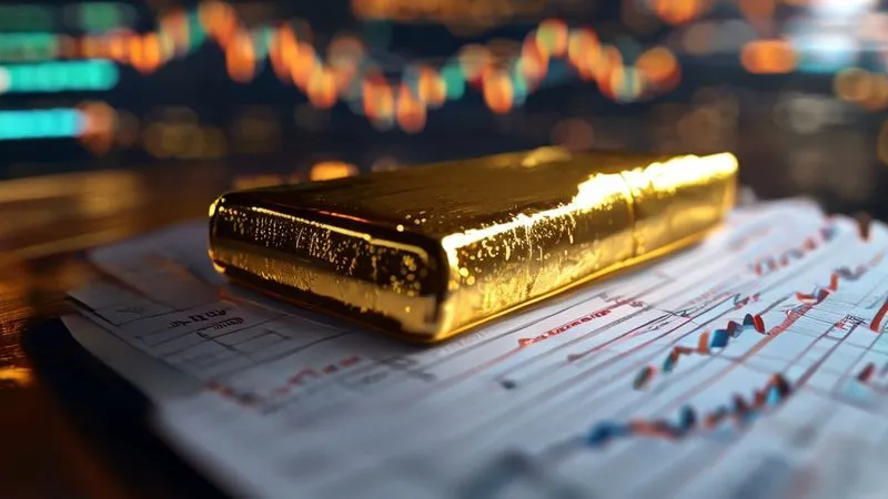 photorealistic, professional photography, 8K, cinematic lighting, sharp focus, depth of field, shot on a high-end DSLR. A gleaming gold bar resting on a stack of financial documents, with a blurred background of stock market charts showing downward trends, symbolizing safe-haven assets during economic decline.
