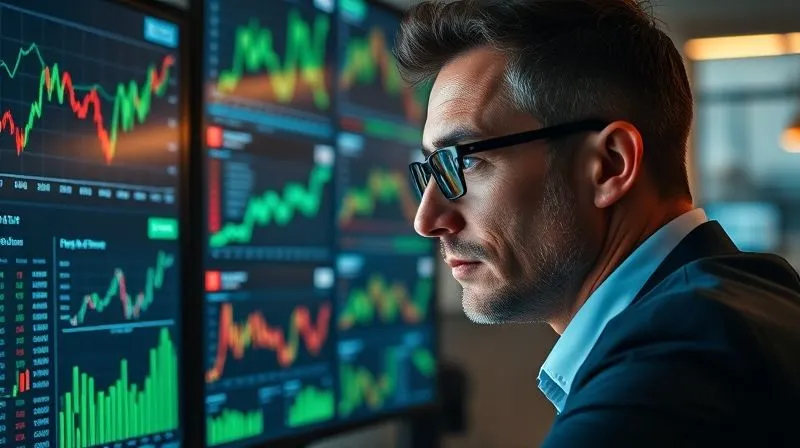 A photorealistic image of a financial portfolio displayed on multiple digital screens, showing various charts and graphs with some in green (growth) and some in red (decline), being analyzed by a professional with a focused expression. Cinematic lighting, sharp focus on the screens and the analyst's face, depth of field blurring the office background. 8K hyper-detailed.