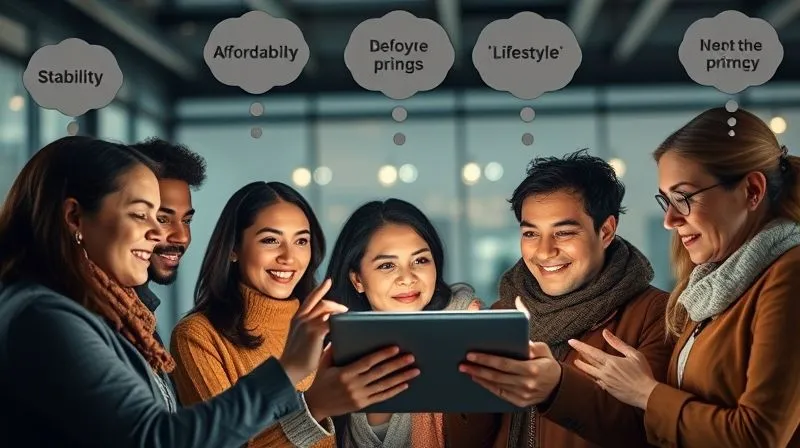 A photorealistic image of a diverse group of people, representing different buyer personas, looking at a digital real estate listing on a tablet, with thought bubbles above their heads showing different priorities (e.g., 'stability', 'affordability', 'lifestyle'). Cinematic lighting, sharp focus on the tablet and the faces, depth of field blurring the background. 8K hyper-detailed.