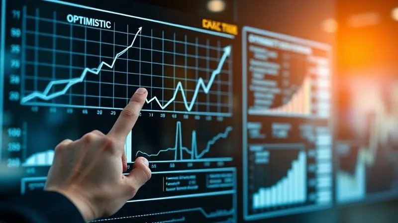 A photorealistic image of a complex financial model projected onto a glass board, with a business professional pointing to different 'what-if' scenarios. The board shows graphs diverging into different paths (optimistic, neutral, pessimistic). Cinematic lighting, sharp focus on the board and the professional's hand, depth of field blurring the background. 8K hyper-detailed.