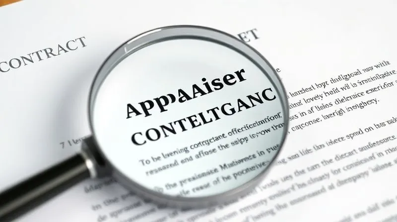 A photorealistic image of a detailed real estate contract with a magnifying glass highlighting the appraisal contingency clause, sharp focus on the text, 8K, cinematic lighting, shot on a high-end DSLR.