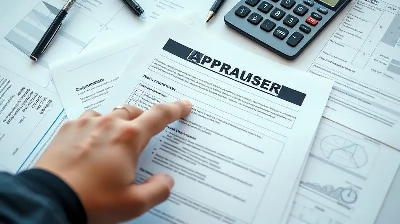 A photorealistic image of a hand pointing to a discrepancy on a printed appraisal report, surrounded by other documents and a calculator, sharp focus on the report, 8K, cinematic lighting, shot on a high-end DSLR.
