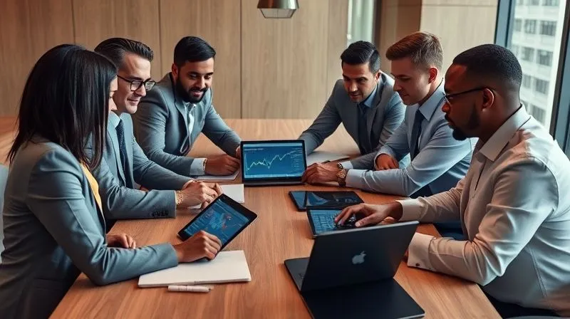 A photorealistic image of a diverse group of real estate professionals collaborating around a large table, reviewing market data on tablets and laptops, sharp focus on their faces, 8K, cinematic lighting, shot on a high-end DSLR.