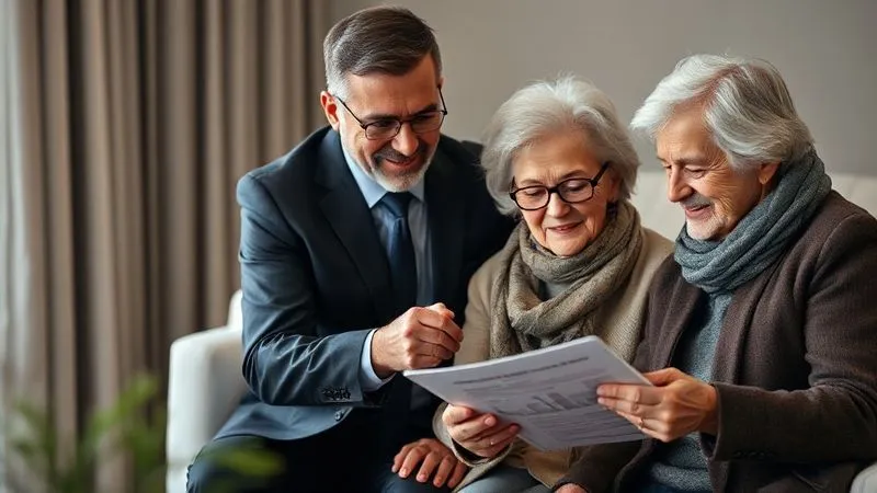 A photorealistic, professional photography, 8K, cinematic lighting, sharp focus, depth of field, shot on a high-end DSLR of a financial advisor empathetically listening to an older couple, reviewing complex financial documents on a tablet, with a warm, reassuring atmosphere. The background is softly blurred.