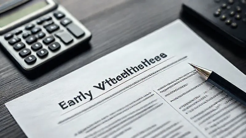 Photorealistic, professional photography, 8K, cinematic lighting, sharp focus, depth of field. A detailed financial document showing a section on 'Early Withdrawal Penalties,' with specific terms like '6 months interest forfeiture' highlighted. A calculator and a pen lie beside it on a dark wooden desk, suggesting careful deliberation. The overall tone is serious and analytical.