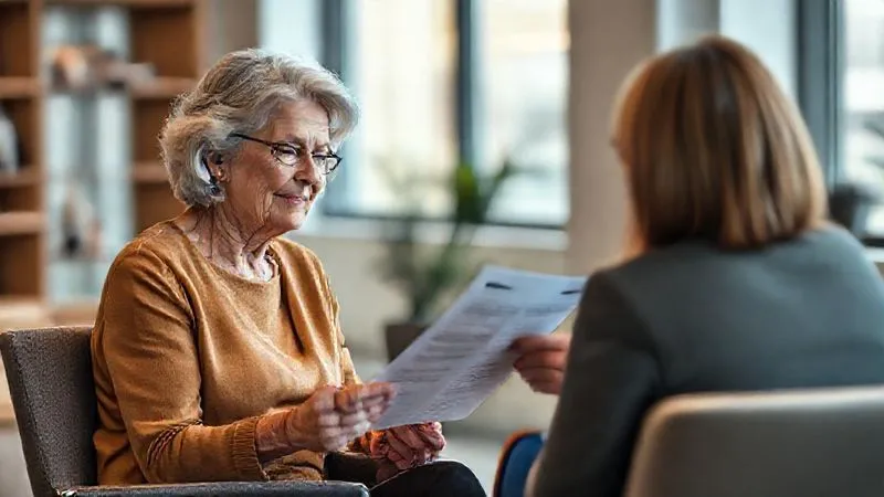 Photorealistic, professional photography, 8K, cinematic lighting, sharp focus, depth of field. A woman in her late 50s, Maria, is sitting across from a financial advisor in a modern, well-lit office. She is looking at a financial document with a relieved expression, while the advisor points reassuringly at a section of the document. The atmosphere is calm and professional, conveying a successful and empathetic consultation.
