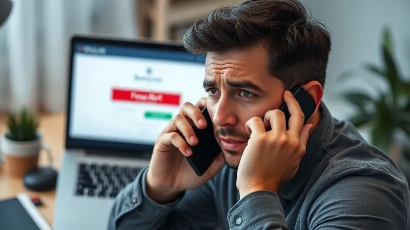 A photorealistic, professional photography, 8K, cinematic lighting, sharp focus, depth of field, shot on a high-end DSLR, of a distressed individual urgently speaking on a smartphone, with a laptop screen in the background displaying a banking login page with a prominent 'Fraud Alert' notification. The person's face shows concern but also a hint of determination. The setting is a home office, slightly blurred to emphasize the person.