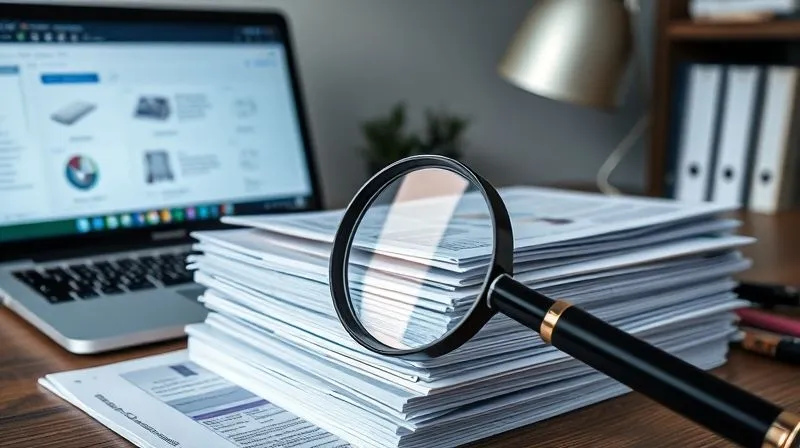 A photorealistic, professional photography, 8K, cinematic lighting, sharp focus, depth of field, shot on a high-end DSLR, of a neatly organized desk with a magnifying glass resting on a stack of financial documents, including bank statements, police reports, and email printouts. A laptop in the background shows a file explorer with folders labeled 'Fraud Case 2024'. The lighting is soft and professional, highlighting the importance of detail.