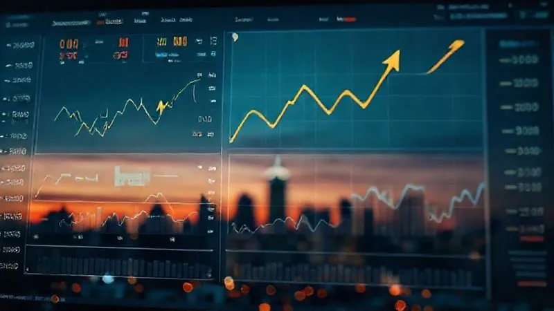 A photorealistic, professional photography, 8K, cinematic lighting, sharp focus, depth of field shot on a high-end DSLR of a complex financial dashboard displaying various economic indicators (inflation, GDP, unemployment rates) with upward and downward trend arrows, overlaid with a subtle, blurred background of a city skyline at dusk, conveying analytical insight and market dynamics.