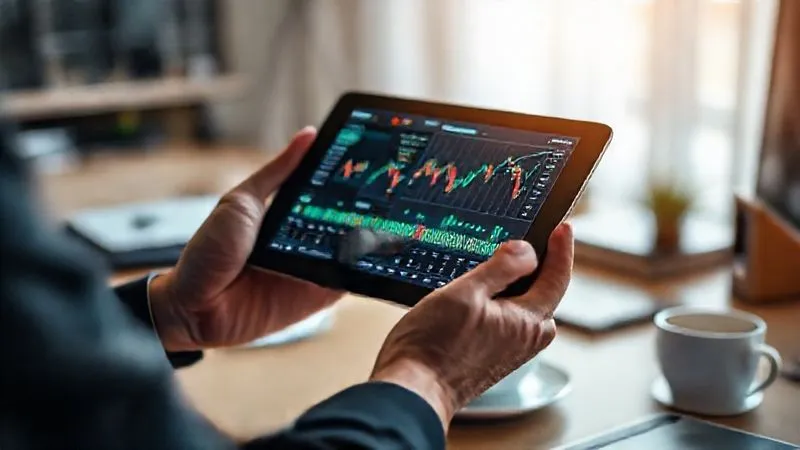 A photorealistic, professional photography, 8K, cinematic lighting, sharp focus, depth of field shot on a high-end DSLR of a person's hands holding a tablet displaying a live financial news feed and a complex stock chart, with a coffee cup and a neatly organized desk in the blurred background, conveying vigilance and continuous market analysis.