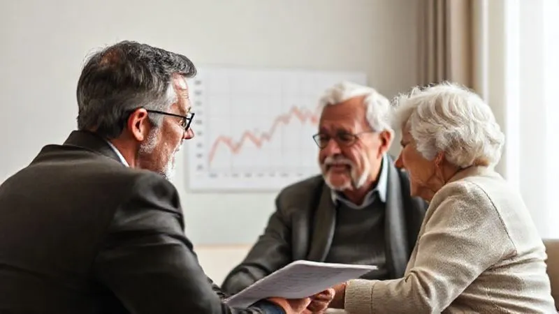 A professional image of a financial advisor explaining an annuity contract to a senior couple, with a graph showing a stable income line contrasted with a volatile market line in the background. Photorealistic, 8K, cinematic lighting, sharp focus, depth of field.