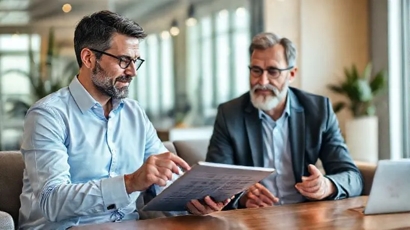 A photorealistic image of a financial advisor calmly reassuring a client during a market downturn, with the client looking less anxious as the advisor points to a well-structured financial plan on a tablet. The setting is a modern, comfortable office. Professional photography, 8K, cinematic lighting, sharp focus on the faces, depth of field.