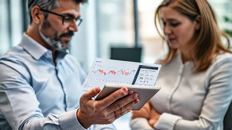 A photorealistic image of a financial advisor calmly explaining complex market charts to a visibly anxious client in a modern office setting. The advisor's hand is reassuringly on a tablet displaying historical market recovery data. Professional photography, 8K, cinematic lighting, sharp focus on the advisor and client's faces, depth of field blurring the office background, shot on a high-end DSLR, conveying trust and clear communication.