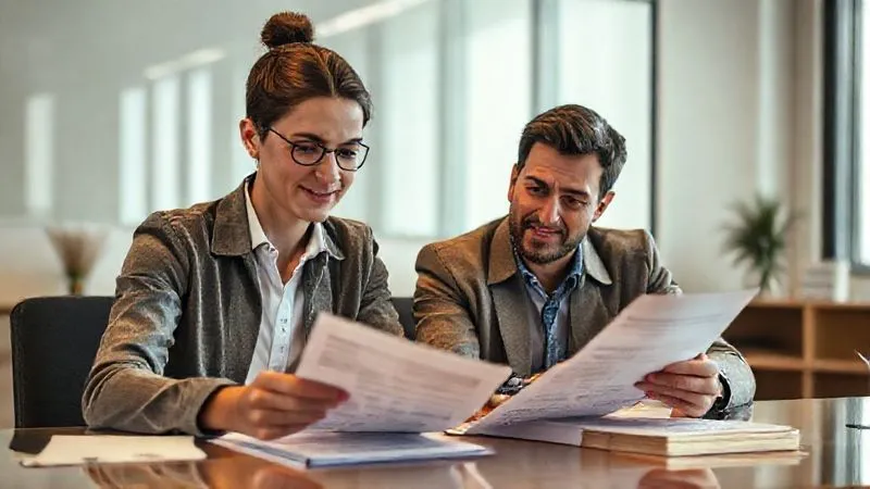 A photorealistic, professional photography, 8K, cinematic lighting, sharp focus, depth of field, shot on a high-end DSLR of a student and a financial advisor meticulously examining university financial statements and aid letters on a desk, a determined yet hopeful expression on their faces. The scene is set in a well-lit, modern office, emphasizing clarity and strategic planning.