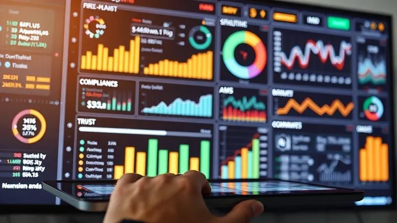 A photorealistic, professional photography, 8K image of a sophisticated digital dashboard displaying various financial metrics, compliance indicators, and trust performance charts. The screen is clear and sharp, with data points glowing subtly. Cinematic lighting illuminates the screen and a hand poised over a tablet. Sharp focus on the data, depth of field blurring the background, shot on a high-end DSLR.