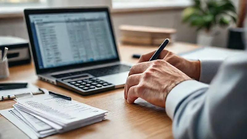 Photorealistic, professional photography, 8K, cinematic lighting, sharp focus, depth of field, shot on a high-end DSLR, a neatly organized desk with a stack of receipts, a calculator, a pen, and a laptop displaying an expense report spreadsheet, with a focused hand preparing to input data, conveying financial accountability.