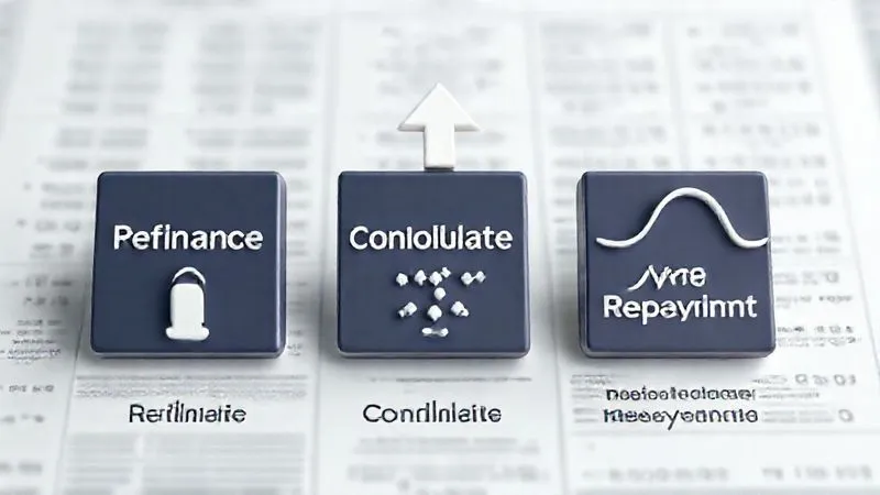 A photorealistic 3D infographic comparing three distinct paths: 'Refinance' (a sleek, fast arrow pointing down at interest rates), 'Consolidate' (multiple smaller streams merging into one larger, steady stream), and 'Income-Driven Repayment' (a flexible, wavy line adapting to terrain). Use professional iconography for each, set against a clean, modern financial background. 8K, cinematic lighting, sharp focus, depth of field, shot on a high-end DSLR.