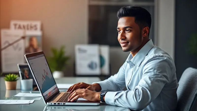 A photorealistic image of a professional person (diverse ethnicity) sitting at a desk, looking confidently at a laptop screen displaying a graph with an upward trend. In the background, subtle elements like a tax form and a company benefits brochure are visible, suggesting financial planning and strategic advantage. The overall mood is one of smart decision-making and empowerment. Professional photography, 8K, cinematic lighting, sharp focus on the person and screen, depth of field blurring background, shot on a high-end DSLR.
