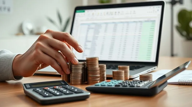 photorealistic, professional photography, 8K, cinematic lighting, sharp focus, depth of field, shot on a high-end DSLR. A person meticulously organizing stacks of coins and bills on a desk, with a laptop open displaying a budgeting spreadsheet. The foreground shows a calculator and a financial planner, suggesting careful money management and strategy. The background is a clean, modern home office setting, conveying financial responsibility and clarity.