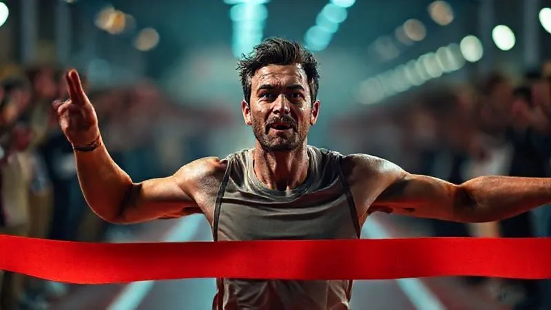 A photorealistic image of a person with a look of triumph, crossing a symbolic finish line made of light, with blurred cheering figures in the background. The focus is on the individual's determined expression and the sense of accomplishment, representing the successful navigation of financial challenges. 8K, cinematic lighting, sharp focus, depth of field, shot on a high-end DSLR.