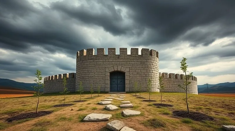 A photorealistic image of a robust, well-maintained financial fortress or vault, with clear, strong walls and a visible path leading to it. Around the fortress, small, vibrant saplings representing investments are growing. Cinematic lighting, sharp focus on the fortress, depth of field blurring a distant, stormy sky, 8K hyper-detailed, professional photography, shot on a high-end DSLR.