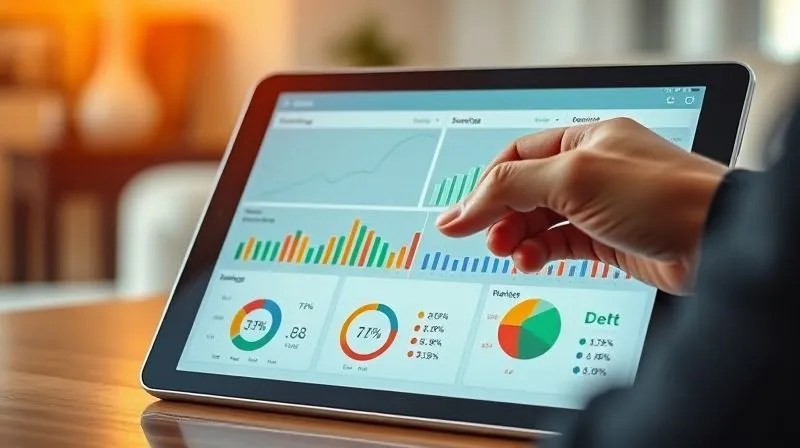 A photorealistic image of a sophisticated financial dashboard on a tablet screen, displaying various charts and graphs (savings growth, investment performance, debt reduction). A hand is gently interacting with the screen, indicating control and review. The background is a blurred, peaceful home setting. Cinematic lighting, sharp focus on the tablet, depth of field, 8K hyper-detailed, professional photography, shot on a high-end DSLR.