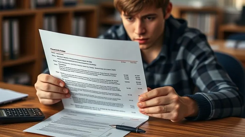 A photorealistic image of a college student sitting at a desk, looking overwhelmed and confused while holding a complex financial aid offer letter filled with numbers and jargon. A calculator and a pen are on the table, with a worried expression on the student's face. 8K, cinematic lighting, sharp focus on the letter, depth of field blurring the background, shot on a high-end DSLR.