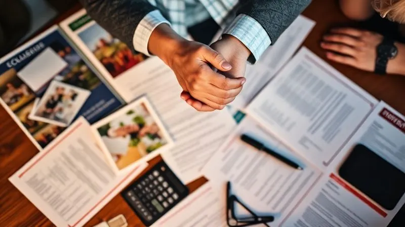 A photorealistic image of two hands shaking over a table covered with various college brochures and financial aid offer letters, some highlighted. The scene suggests a successful negotiation or a strategic decision, with a calculator and a pen nearby. 8K, cinematic lighting, sharp focus on the hands and documents, depth of field blurring the background, shot on a high-end DSLR.