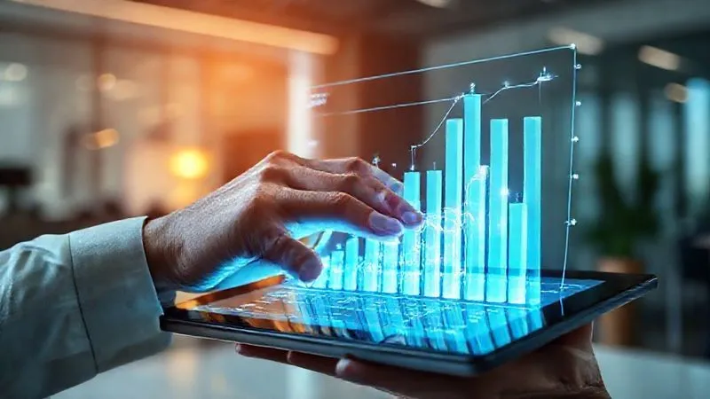 Photorealistic, professional photography, 8K, cinematic lighting, sharp focus, depth of field, shot on a high-end DSLR. A close-up of a human hand interacting with a holographic 3D bar chart projected from a tablet, displaying complex commercial real estate market data and property valuations. The lighting is futuristic and analytical, with sharp focus on the data points and the hand. The background is a modern, minimalist office. The mood is innovative and insightful.