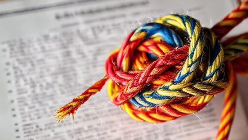 photorealistic, professional photography, 8K, cinematic lighting, sharp focus, depth of field, shot on a high-end DSLR. A tightly woven, intricate knot of brightly colored ropes, with a single thread fraying at the edge, symbolizing the complex and potentially fragile regulatory and operational environment in frontier markets. The background is a subtly blurred legal document, hinting at the underlying bureaucracy.