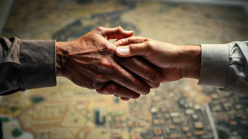 photorealistic, professional photography, 8K, cinematic lighting, sharp focus, depth of field, shot on a high-end DSLR. Two diverse hands, one appearing weathered and experienced, the other younger and more vibrant, firmly shaking over a blurred map of a developing city, symbolizing strong local partnerships and collaboration in frontier markets. The light is warm and inviting, suggesting trust and mutual benefit.
